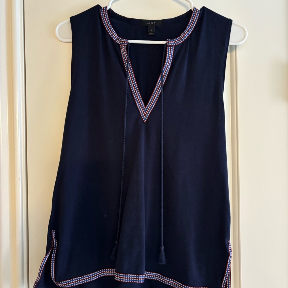 J. Crew Navy Sleeveless Tassel Tank with Embroidered Trim